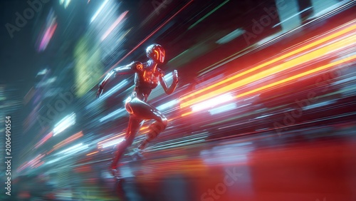 A futuristic cyborg sprints through a neon-lit cityscape, embodying speed and technological advancement, in a dynamic and energetic scene.