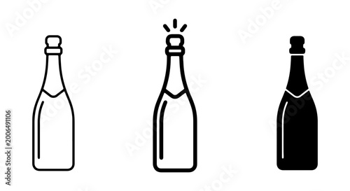 Champagne, bottle icons, vector set, black and white