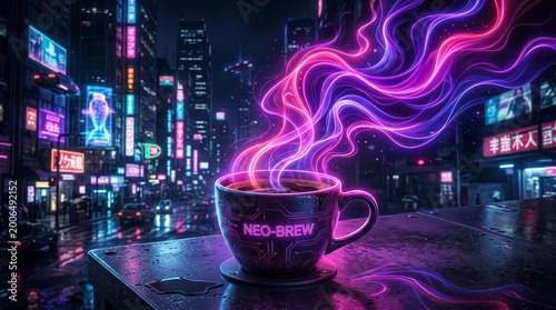 Cyberpunk Neo-Brew Coffee Cup with Glowing Purple Steam in Neon Futuristic Cityscape Cyberpunk Background
