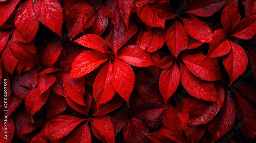 Fototapeta premium Vibrant red leaves covered in dew drops create a dense natural texture.