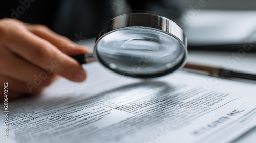 Hand holds a magnifying glass over a legal document to inspect the fine print.