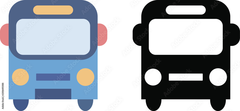 Obraz premium Modern Bus Icon Set, Public Transport Flat Vector Illustration, Front View Vehicle Design