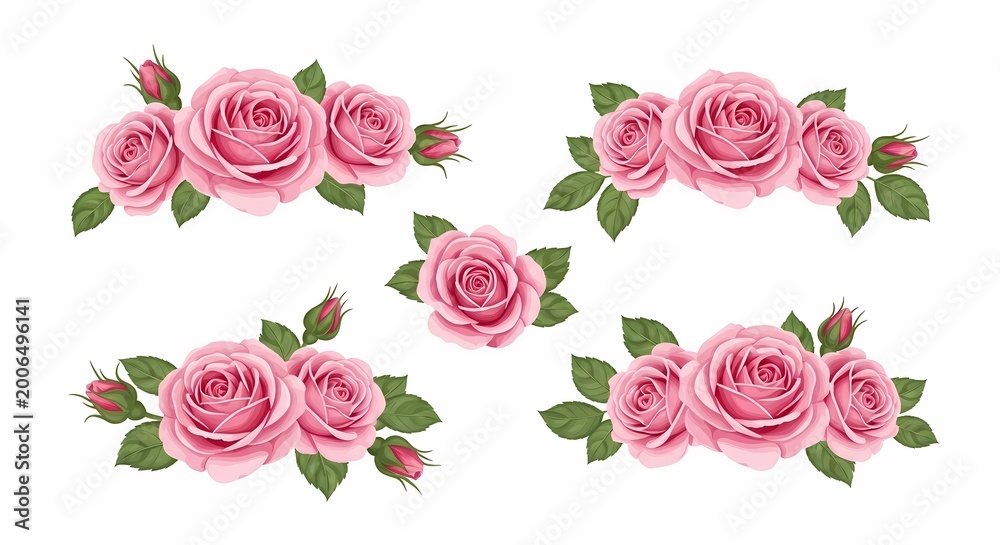 Naklejka premium Pink roses and green leaves arranged in floral patterns