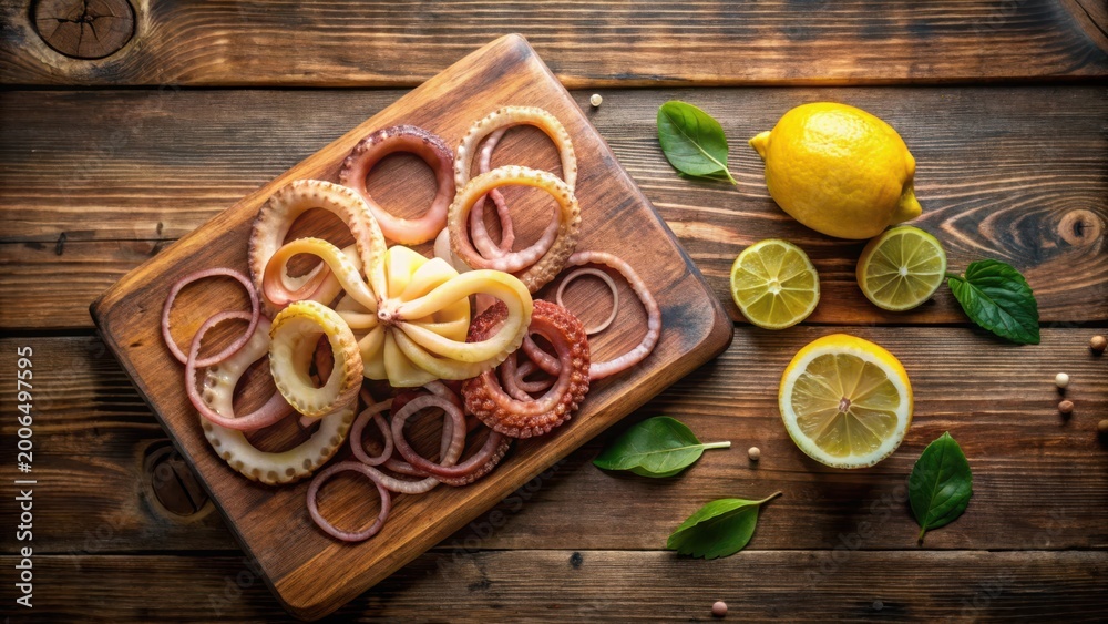 Fototapeta premium Overhead Shot of Prepared Octopus Rings and Onions on Wooden Cutting Board with Citrus Fruits
