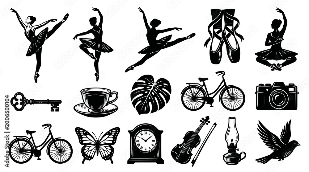 Obraz premium Elegant Black and White Silhouette Vector Icons Collection - Lifestyle, Hobbies, Nature, Travel Elements