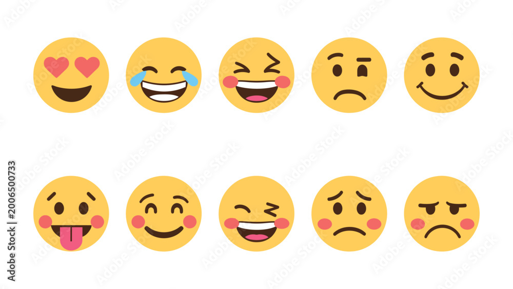 Fototapeta premium Emoji expressions: A collection of various emoji expressions illustrates a spectrum of human emotion, from joyful laughter and love to thoughtful contemplation and worry.