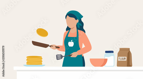 Photos Person flipping pancakes in a kitchen, breakfast preparation illustration