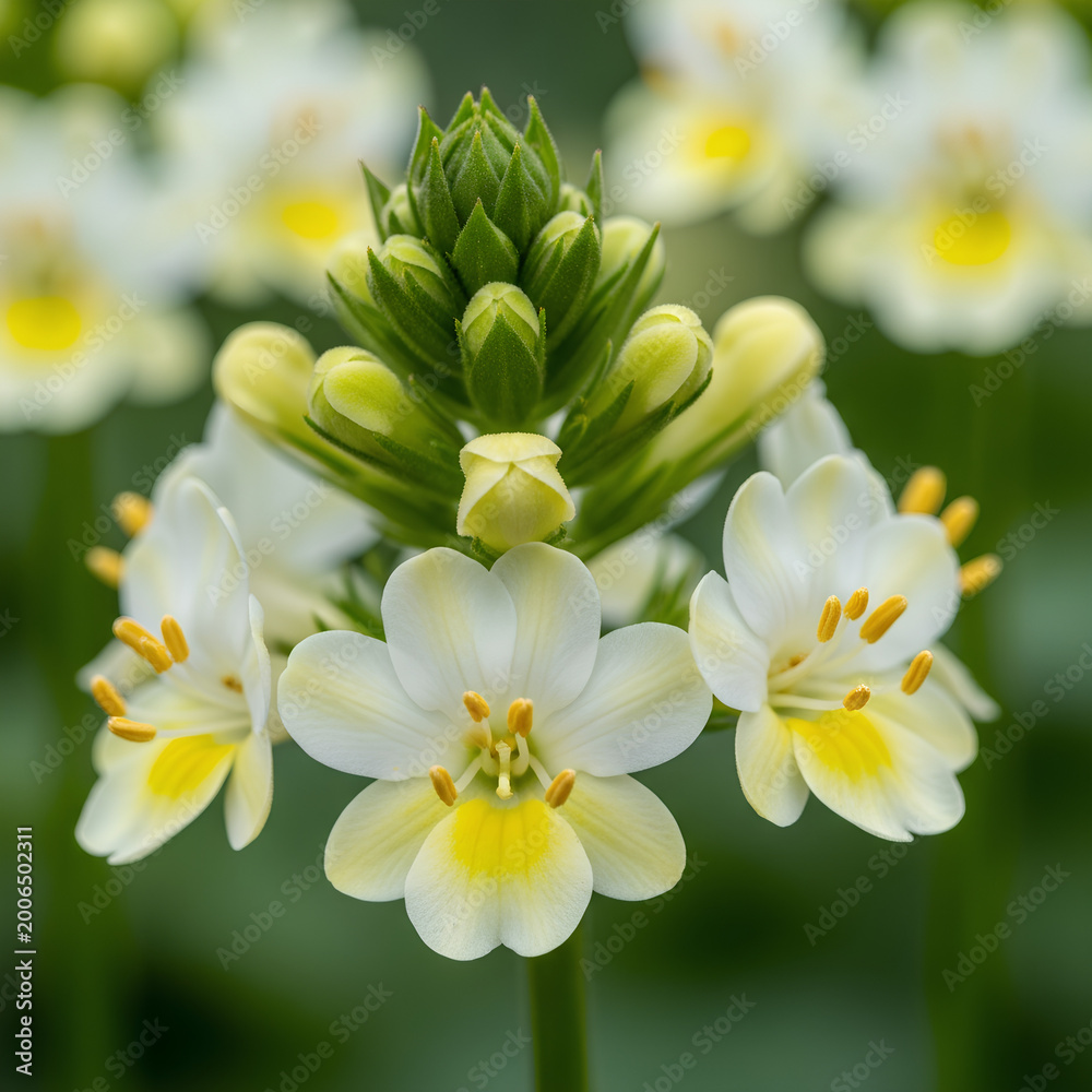 Fototapeta premium Closeup of a beautiful white and yellow flower with a green bud.