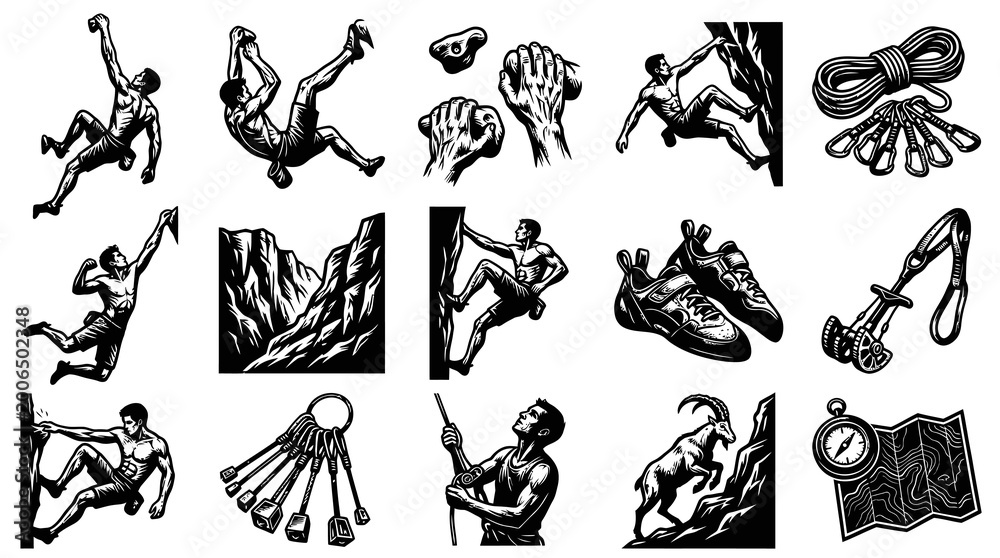 Fototapeta premium Black and White Climbing Vector Icons: Climbers, Gear, and Mountain Scenery