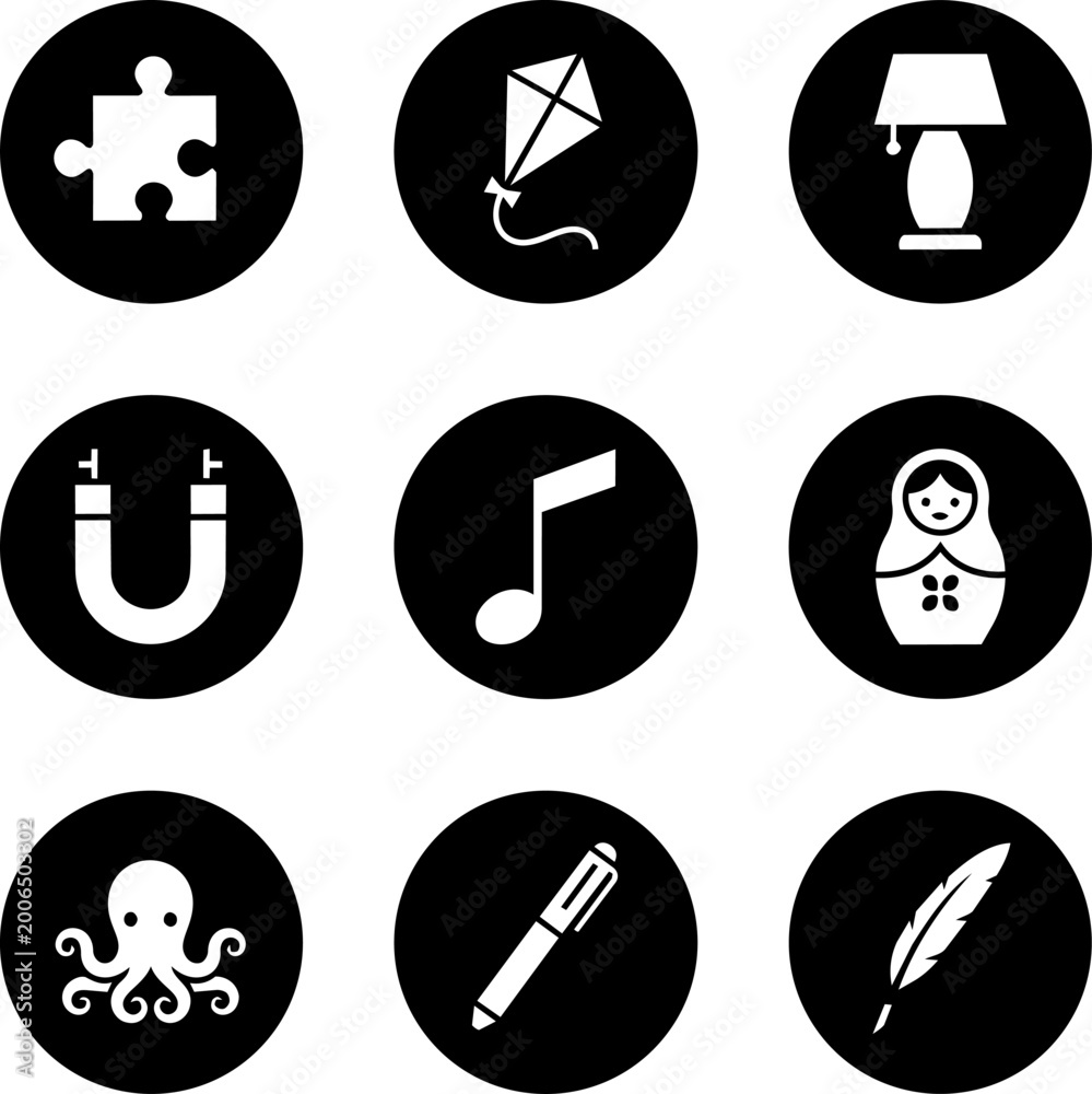 © night - Group of nine creative hobby and fun objects icons puzzle kite lamp magnet music note nesting doll octopus pen feather on black circles. © night - Group of nine creative hobby and fun objects icons puzzle kite lamp magnet music note nesting doll octopus pen feather on black circles.