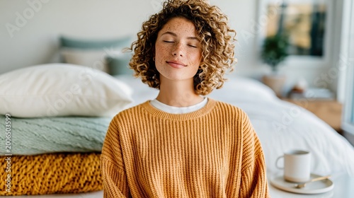 A woman sits peacefully in a serene indoor space, embodying tranquility with her curly hair and cozy sweater against a backdrop of soft, inviting decor and colors.