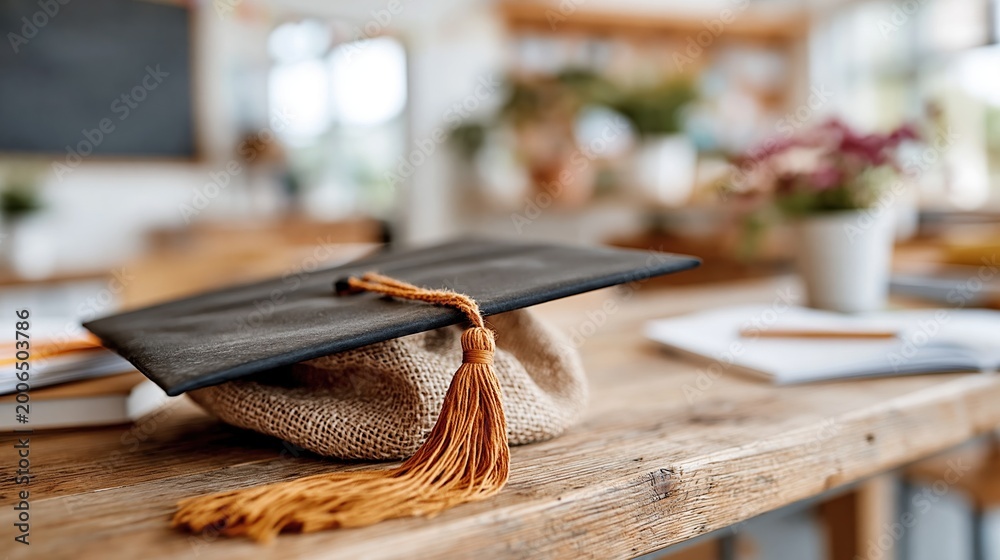 Fototapeta premium A graduation cap placed stylishly on a rustic wooden desk, symbolizing education, achievement, and the journey of learning, surrounded by creative study elements.