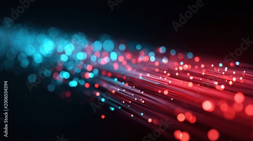 Abstract glowing fiber optics with red and blue lights on a dark background