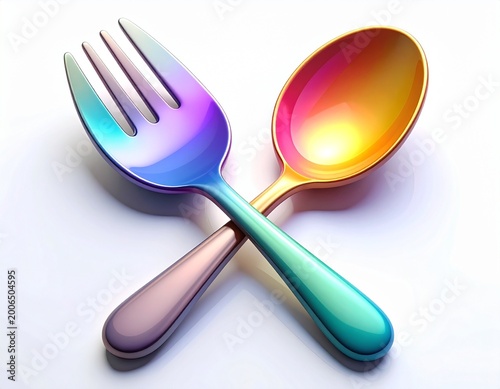Colorful gradient metallic spoons crossed in modern 3D style with glossy finish and soft shadows on minimal background