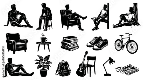 Silhouette Men Sitting, Relaxing with Guitar, Coffee, Books, Bicycle, Armchair