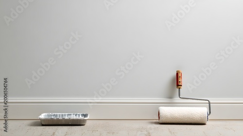 Paint roller and tray placed against empty wall for renovation.