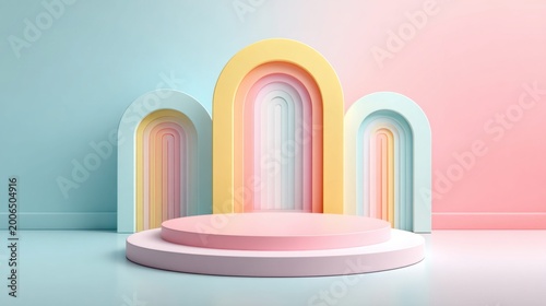 Pastel rainbow arches and podium create a whimsical and inviting display setting