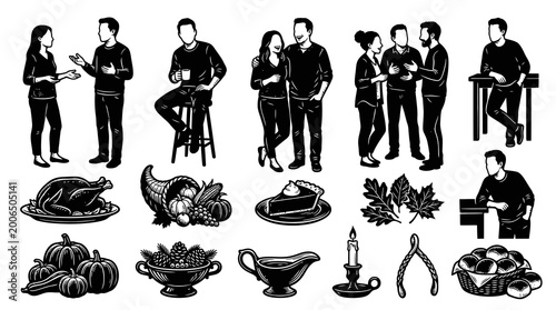 Thanksgiving Feast and Fall Gathering Vector Icons Set - Black  White Graphic Silhouette Illustrations of People  Food