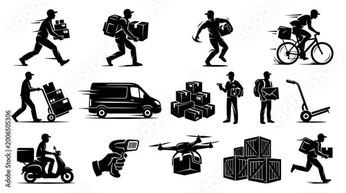 Logistics and Delivery Service Silhouette Icons Set. Couriers, Packages, and Transport Glyphs.