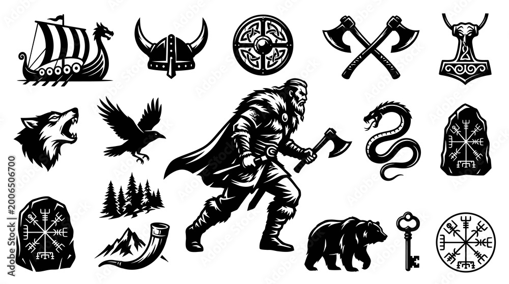 Fototapeta premium Viking Norse Mythology Black White Graphic Icon Set. Ancient Scandinavian Warrior Elements Vector Collection