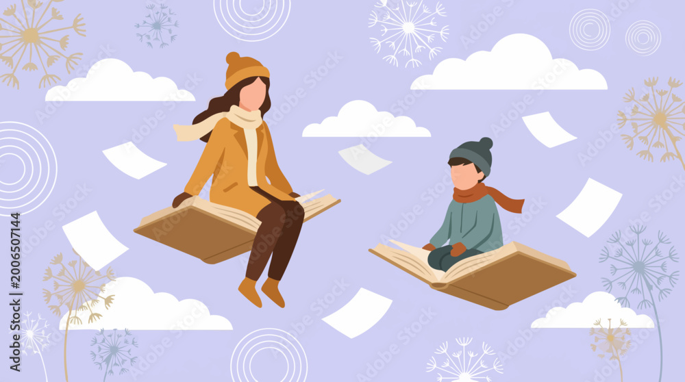 Fototapeta premium Whimsical winter scene with a woman and boy flying on books