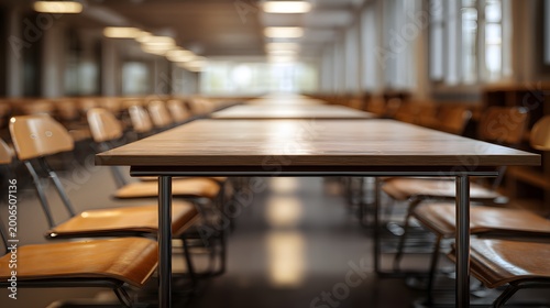Empty cafeteria tables and chairs in modern dining hall.
