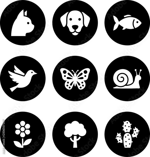 Nine animal and nature icons on black circles on transparent background vector illustration.