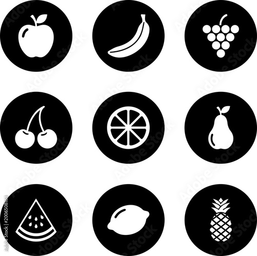 Nine circular icons showcasing different types of fruits, healthy eating symbols in a simple vector style.