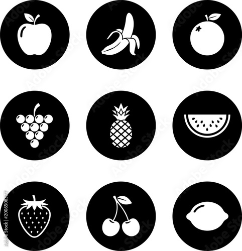 Set of nine fruit icons in circles, healthy food symbols for a balanced diet, clean graphic design.