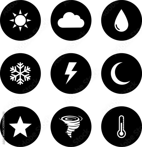 Collection of nine circular weather and nature icons, abstract symbols for meteorological phenomena.