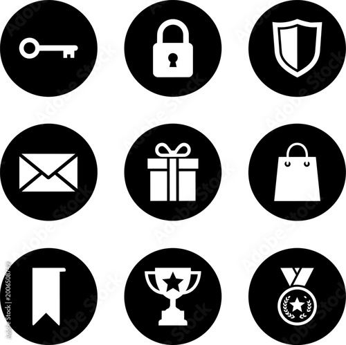 Assorted round black icons symbolizing security, success, and commerce, representing gifts, shopping, and achievement.