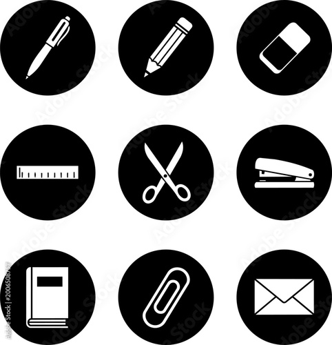 Office and school supply icons in black circles, useful for stationery, education, and administrative themes.