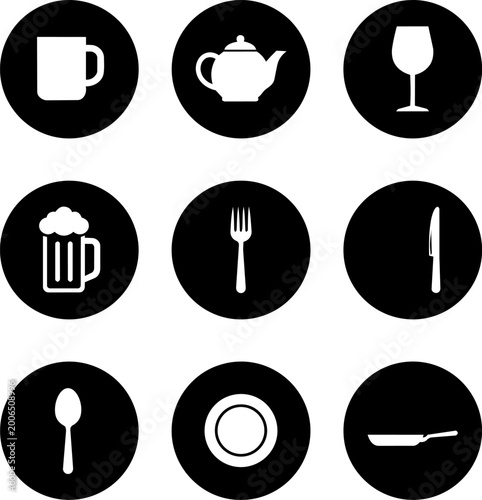 Collection of diverse round black icons representing various food and drink items for everyday use and dining experiences.