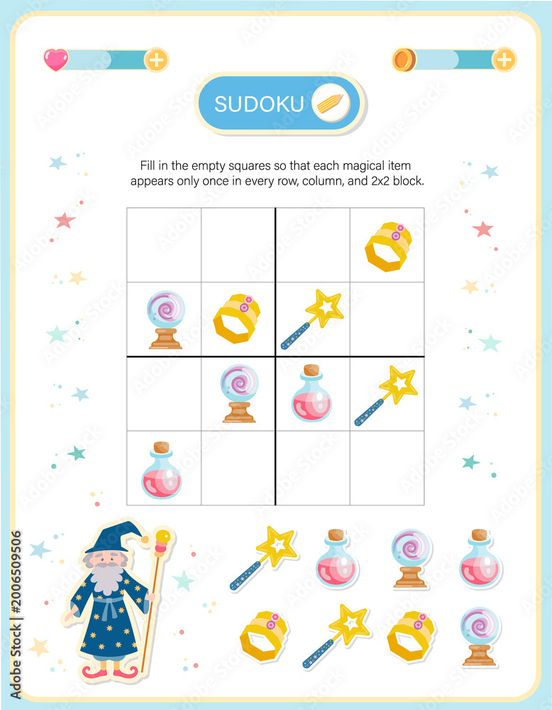 Obraz premium A 6x6 visual sudoku worksheet for children featuring royal cat characters and colorful food bowls. This educational activity focuses on developing logical thinking, pattern recognition.