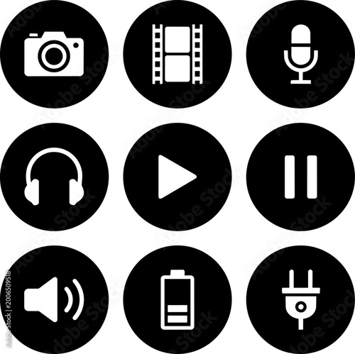 Assorted icons for technology and media in black circles on transparent background, representing digital functions.