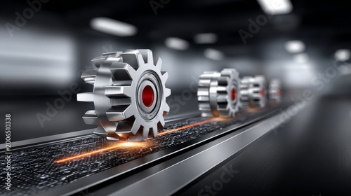 Gears moving on a conveyor belt in an industrial setting for production process