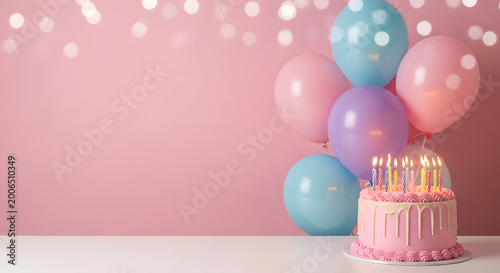 Birthday celebration with pink cake and colorful balloons