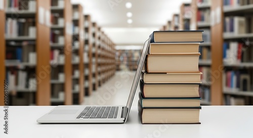 Stacked books next to laptop in modern library setting