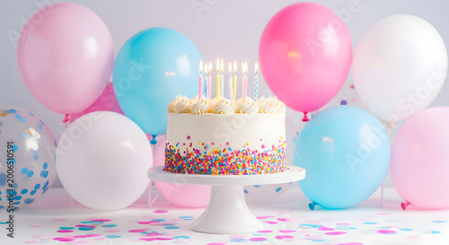 Birthday celebration with colorful balloons and cake