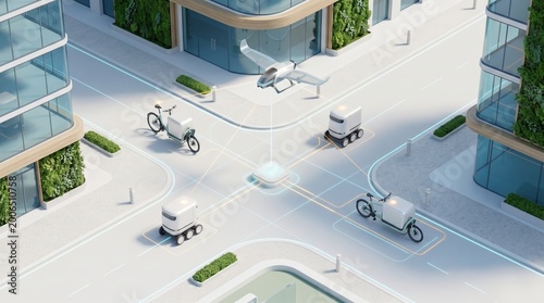 A delivery robots and drone connected by glowing city network, micro business logistics smart mobility system