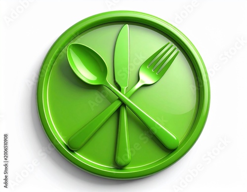 Green cutlery icon with spoon fork and knife on plate in glossy 3D minimalist style perfect for food logo and restaurant branding