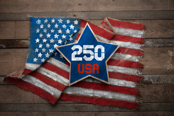 USA 250 Independence Day greeting card design with American flag, wooden star on rustic background. Ready to use holiday template