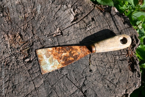 Rusty construction spatula placed on wood- material log representing decay, neglect and aging tools. Textured conceptual composition.