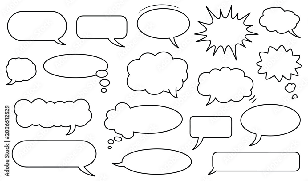 Fototapeta premium Comic Speech Bubble Set: Diverse set of speech bubbles with various shapes for creative communication. thought cloud, dialog box, idea expression, comic style, talking bubble.
