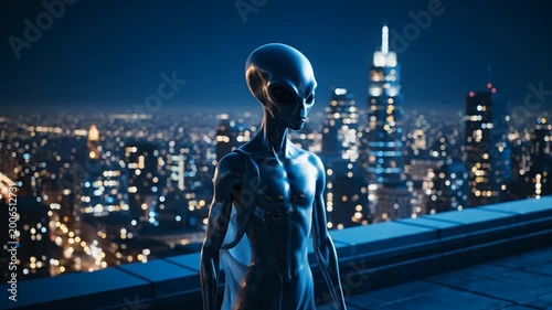 Alien figure standing on a skyscraper rooftop overlooking a city at night with lights