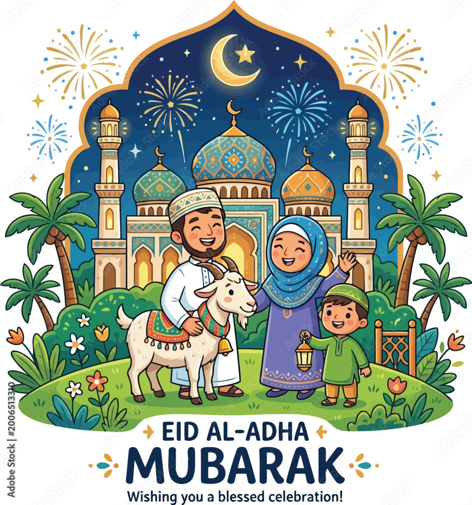 Naklejka premium Happy Muslim Family Celebrating Eid Al Adha with Goat and Mosque Illustration