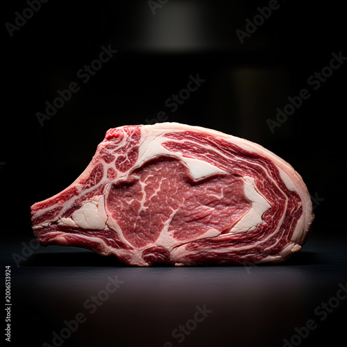 Closeup of a raw ribeye steak showcasing marbling and texture.