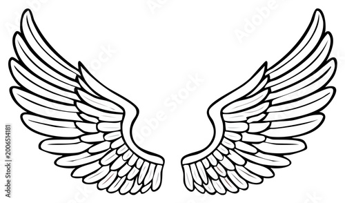 Pair of feathered wings drawing for design element or tattoo isolated against a bright background ideal for graphic assets
