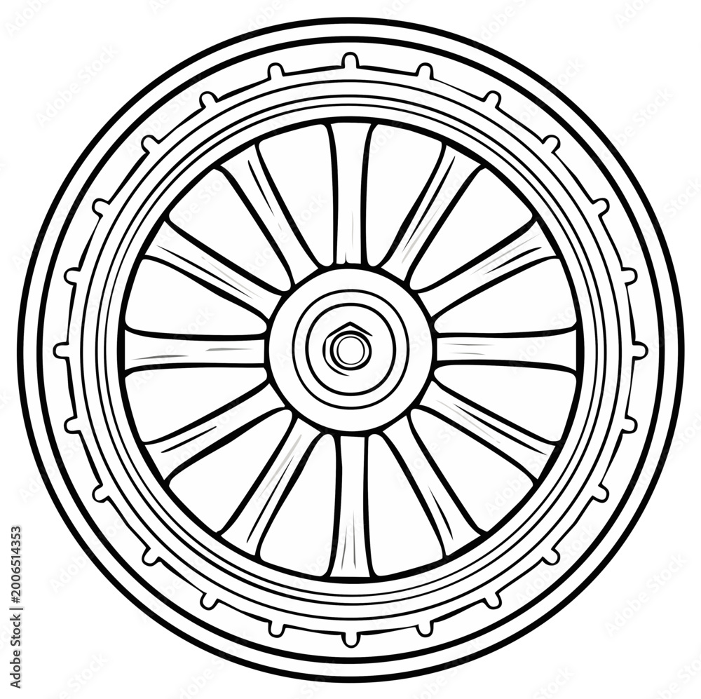 Obraz premium Single Wheel Vector Illustration. Hand-drawn Black and white cartoon object. Mechanical Part graphic element for your creativity.