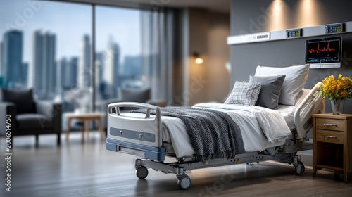 Modern hospital room with a medical bed and city view in the background
